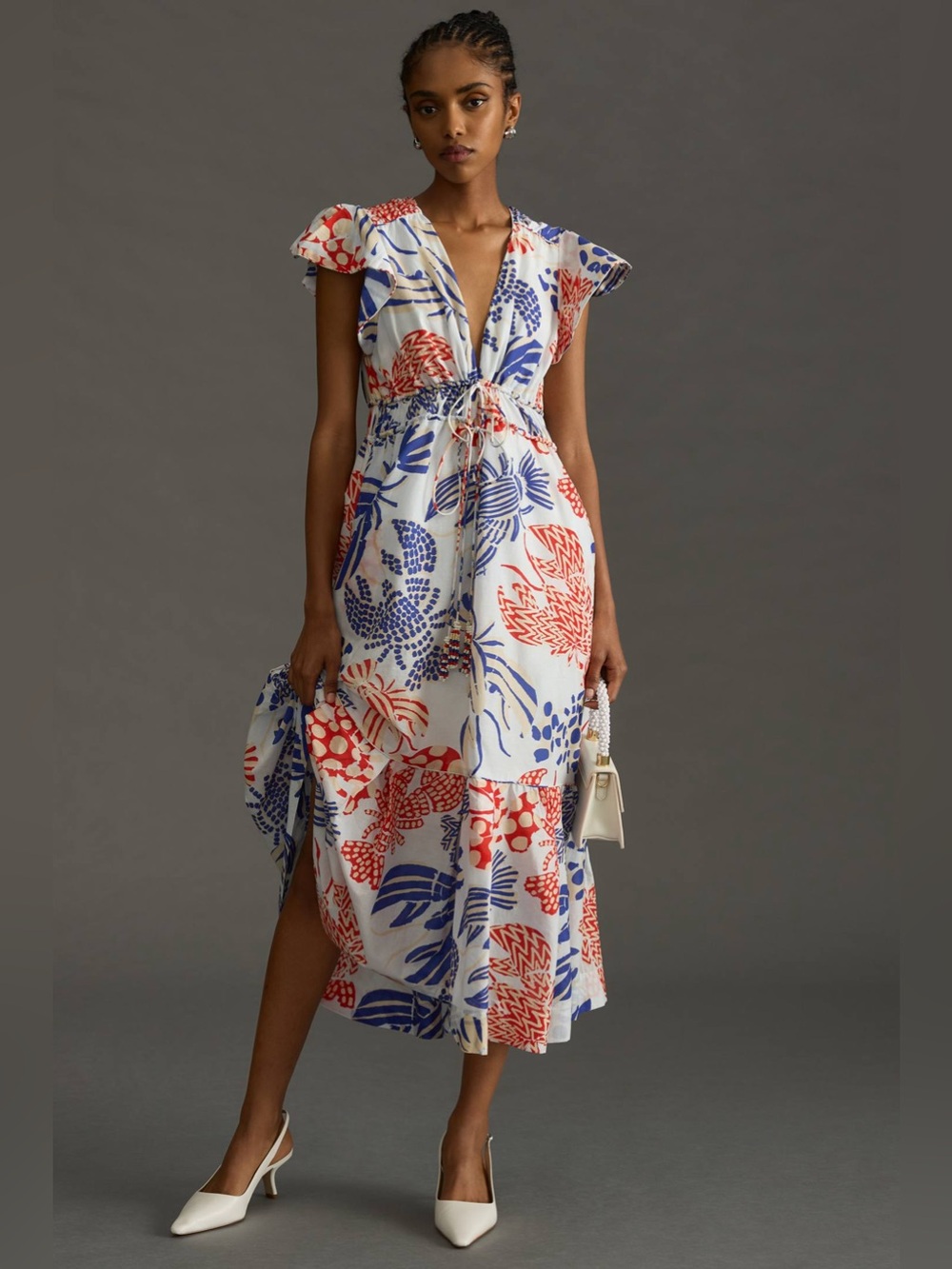 FARM Rio Mixed Lobsters Ruffle-Sleeve Cotton Midi Dress, Size S, Like New